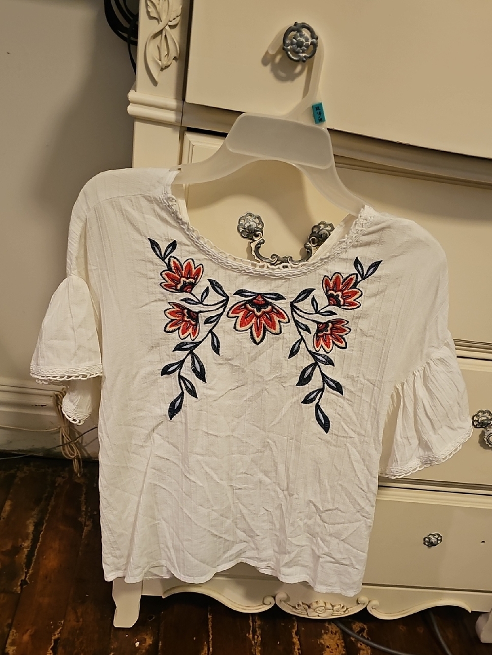 Moon River White Peasant Top with Red & Navy Floral Embroidery